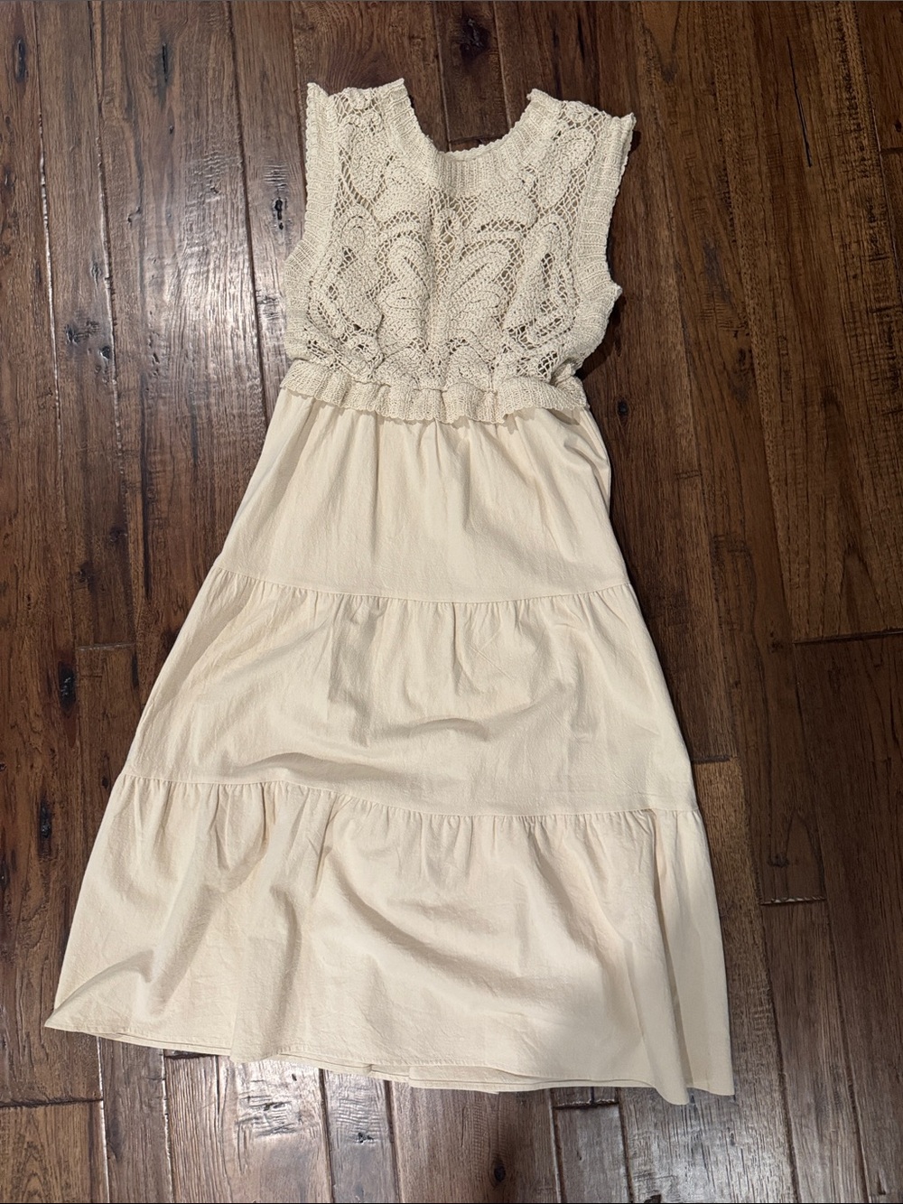 Polagram Cream Crochet Bodice Tiered Midi Dress